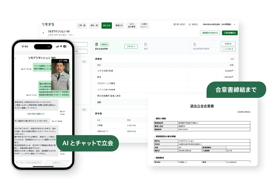 AI退去立会の画面。AIとのチャットで立会を進め、合意書の締結まで行う
