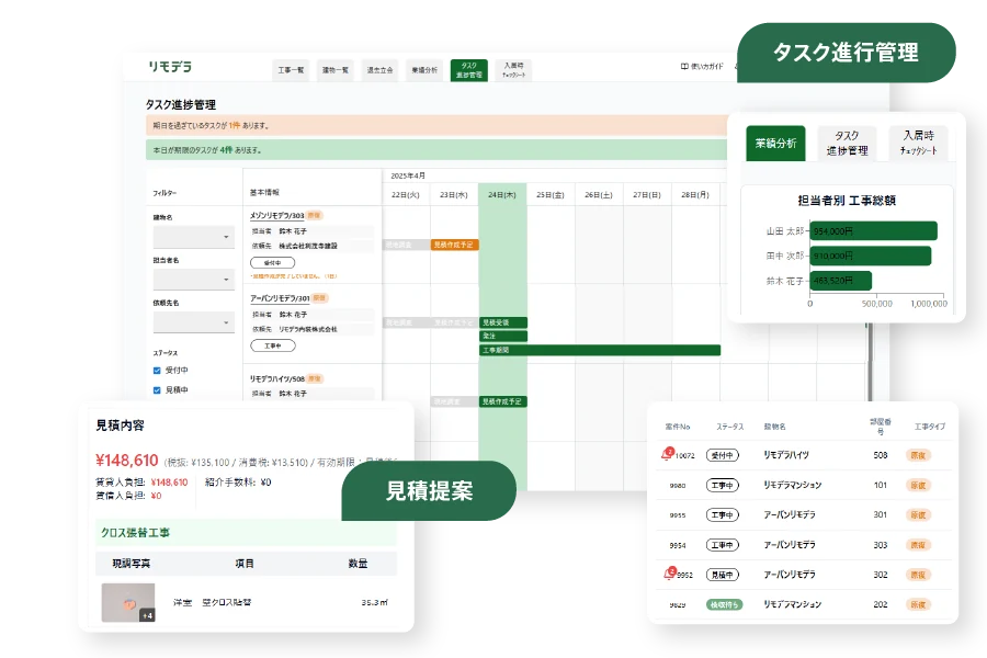 原状回復工事の管理画面。見積の提案やタスクの進み具合を管理する