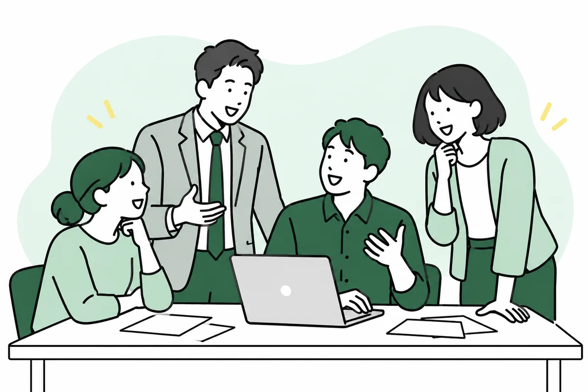 机を囲んで笑顔で話し合う4人のチームのイラスト