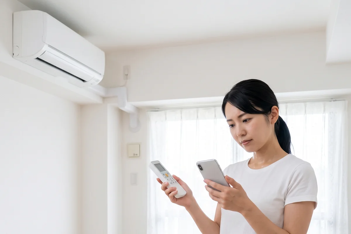 エアコンが動かず、スマートフォンで確認する入居者