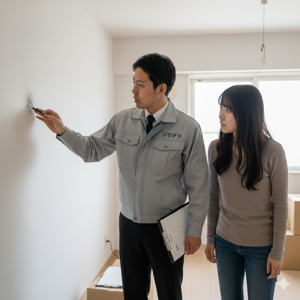 部屋の壁を確かめる退去立会の様子